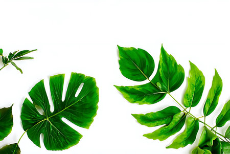 Tropical leaves on white background. Flat lay, top view