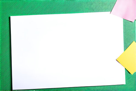 Blank white card on green background with copy space for text.の写真素材
