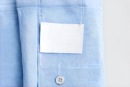 Blank tag label on blue shirt, closeup. Space for text