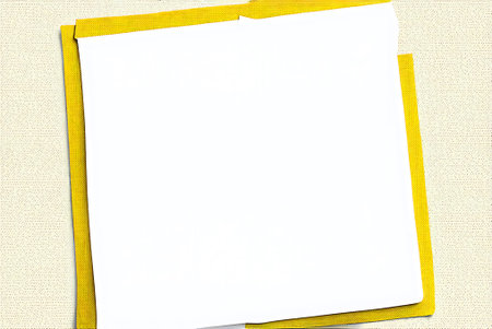 Blank paper with yellow ribbon on linen texture background, copy space