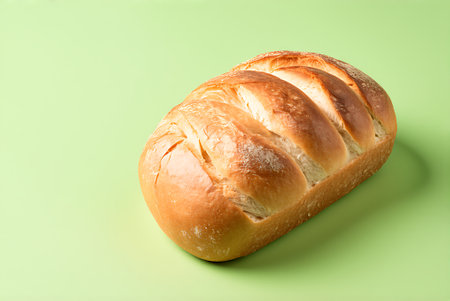 loaf of bread on green background, close-up, horizontalの写真素材