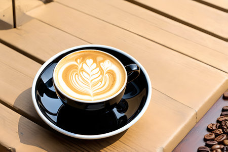 Coffee cup with latte art on wooden table, stock photo