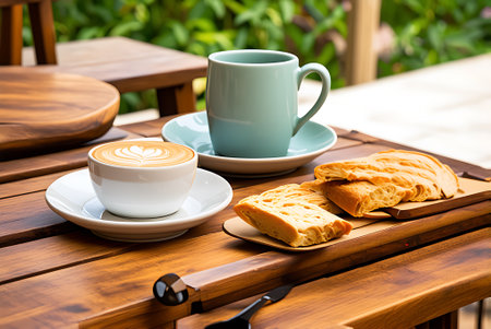 Coffee and bread on table in coffee shop, stock photo