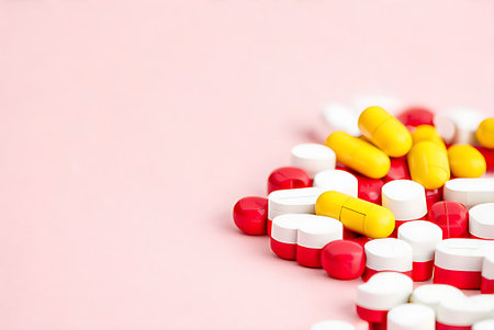 Colorful pills on pink background. Focus on foreground, soft bokeh.