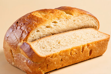 Sliced loaf of bread on a beige background closeup