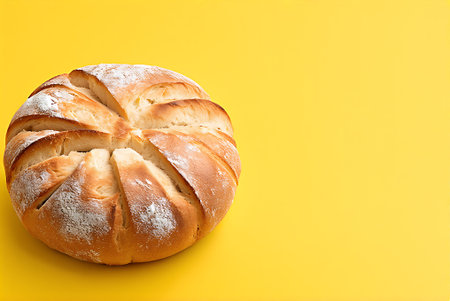 Freshly baked bread on a yellow background. Top view. Copy space.