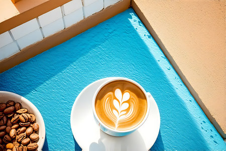 Cup of coffee with latte art on the blue wall backgroundの写真素材