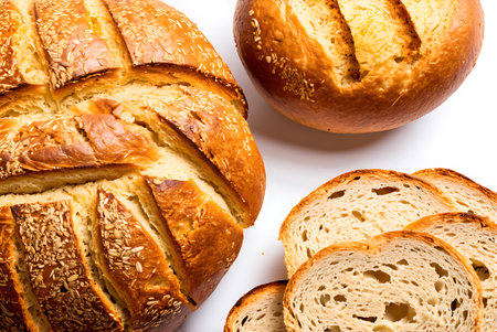 Freshly baked loaf of bread with sesame seeds on white background