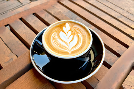 Coffee cup with latte art on the wooden table.