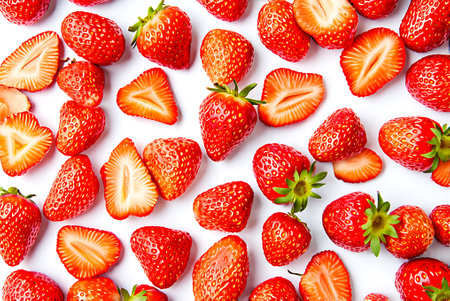 Strawberries isolated on white background. Top view. Flat lay.の写真素材