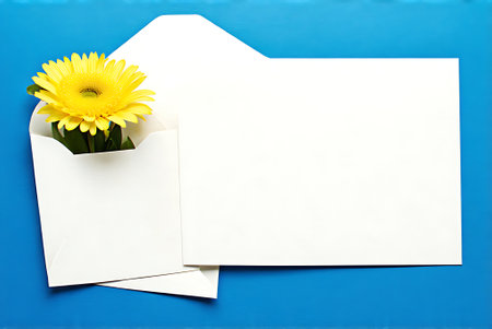 Yellow gerbera and white envelope on blue background with copy spaceの写真素材