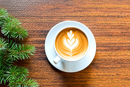 Cup of cappuccino with christmas tree branch on wooden background