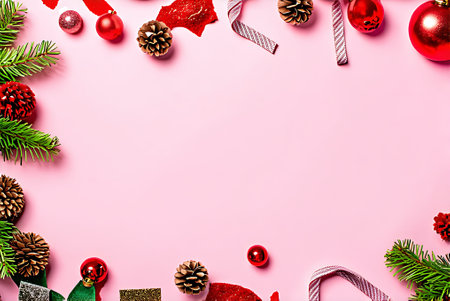 Christmas decoration frame on pink background top view space for text. New year concept.の写真素材
