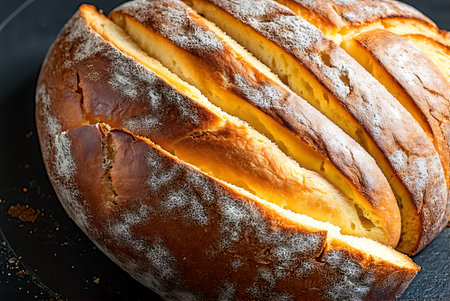 Homemade bread with raisins and sugar on a black background
