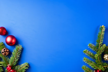 Christmas background with fir branches and red balls on blue background. Top view with copy spaceの写真素材