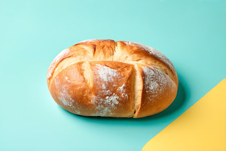 Freshly baked bread on blue and yellow background. Top view.の写真素材