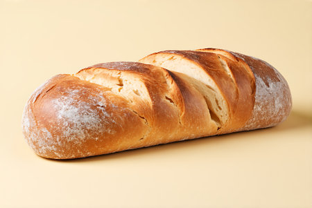 Freshly baked loaf of bread on yellow background, close-up