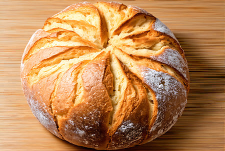 Freshly baked bread on a wooden table. Close-up.