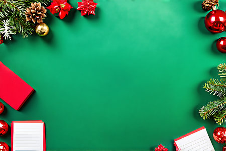 Christmas background with fir branches and gift boxes on green backgroundの写真素材