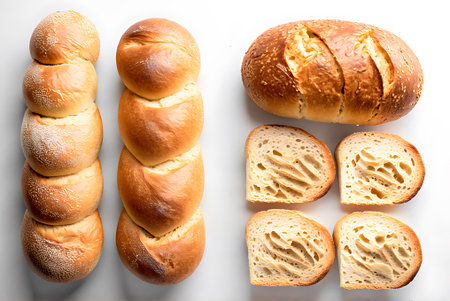 freshly baked bread on a white background, top view, close-up