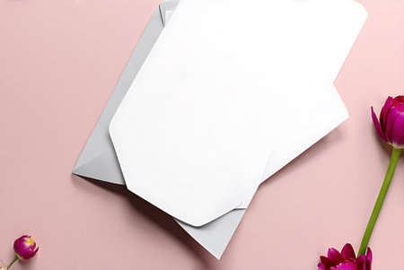 Blank paper sheets on pink background with tulips. Mockup