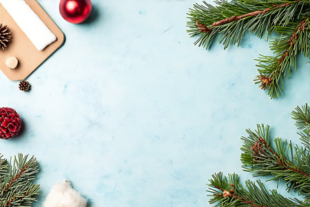 Christmas background with fir branches and decorations on blue table. Top view with copy space