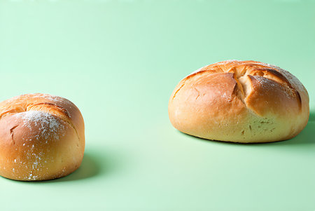 Two fresh bread rolls on a green background, close-up.