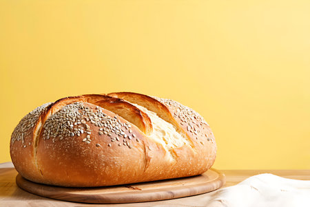 Freshly baked bread with sesame seeds on wooden board over yellow background