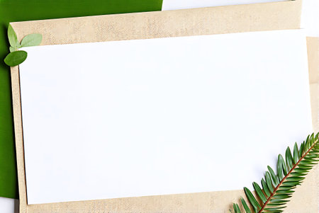 Blank paper and green leaves on white background with copy space.