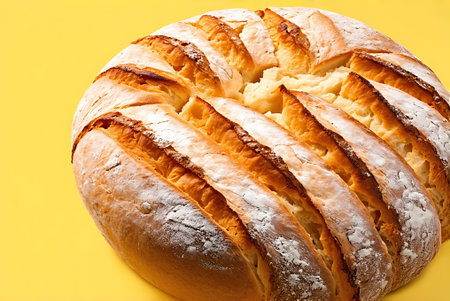 Freshly baked sourdough bread on yellow background, closeup