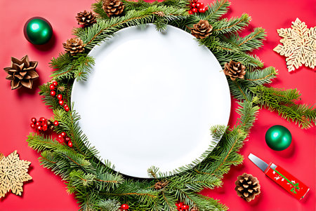 Christmas and New Year background with fir tree branches, pine cones, snowflakes and empty white plate.の写真素材