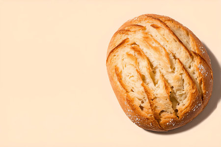 Round bread on a light background. Top view. Copy space.