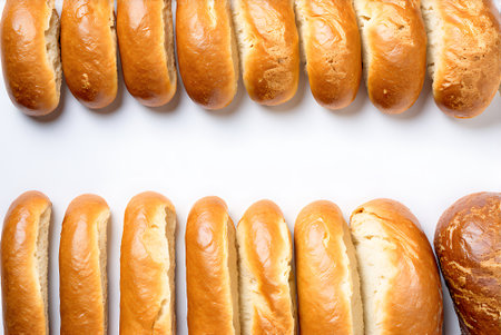 Bread rolls on a white background. Top view, copy space