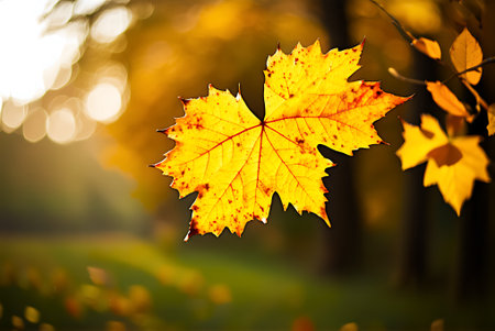 Autumn maple leaf on blurred background. Fall season. Copy space.