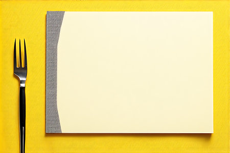 Blank paper with fork and knife on yellow tablecloth, top view