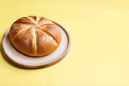 Freshly baked loaf of bread on a plate on a yellow backgroundの写真素材