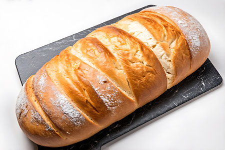 Freshly baked homemade bread on a cutting board on a white background