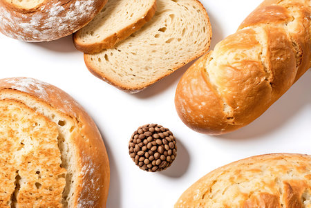 Assortment of baked bread on a white background. Top view.