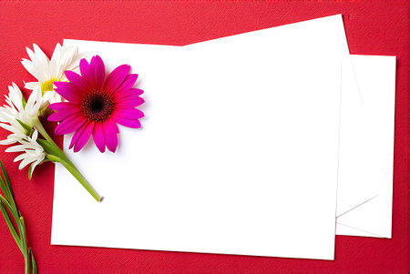 White card with gerbera flowers and envelope on red background.の写真素材