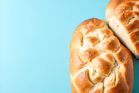 Fresh bread on blue background. Top view. Copy space for text.