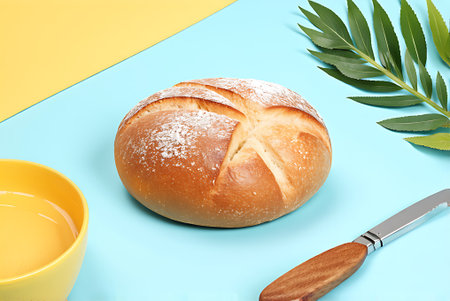 Bread on a blue and yellow background with a knife and a green leaf