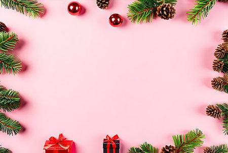 Christmas composition. Fir tree branches, gift box, red balls on pink background. Flat lay, top view, copy spaceの写真素材