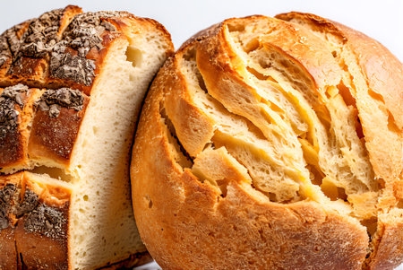 Close up of a loaf of bread on a white background. Shallow dof.