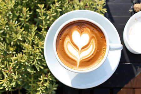 Cup of cappuccino coffee with heart shape on top