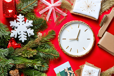 Christmas or New Year background with clock, gifts and fir branches on red.