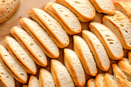 Slices of bread on a wooden board. Shallow dof.の写真素材