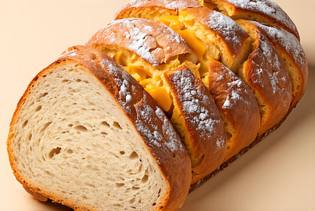 Closeup of a loaf of bread with butter and icing sugar.