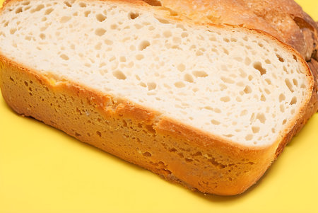 Freshly baked bread on a yellow background. Close-up.