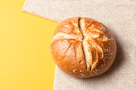 Bread on a napkin on a yellow background, top view