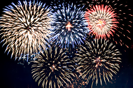 Fireworks in the night sky, closeup of photo, soft focusの写真素材